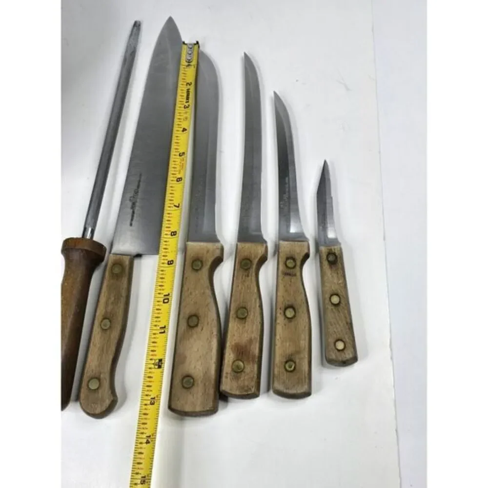 Vintage Old Homestead 7-Piece‎ Block Kitchen Steak Knife Country Bakery 80s 70s